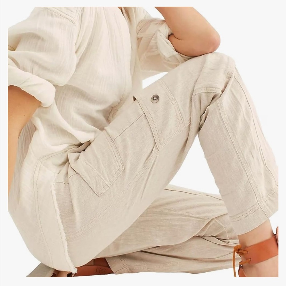 NWT- Free People- Feelin Good Linen Utility Pant- Sz XL- Natural/Oat- TWF